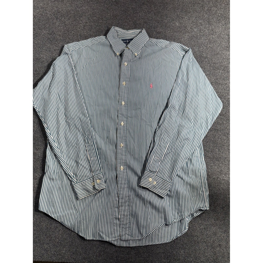 Ralph Lauren Mens Classic Fit Striped Button Down Shirt Teal White 16.5 L